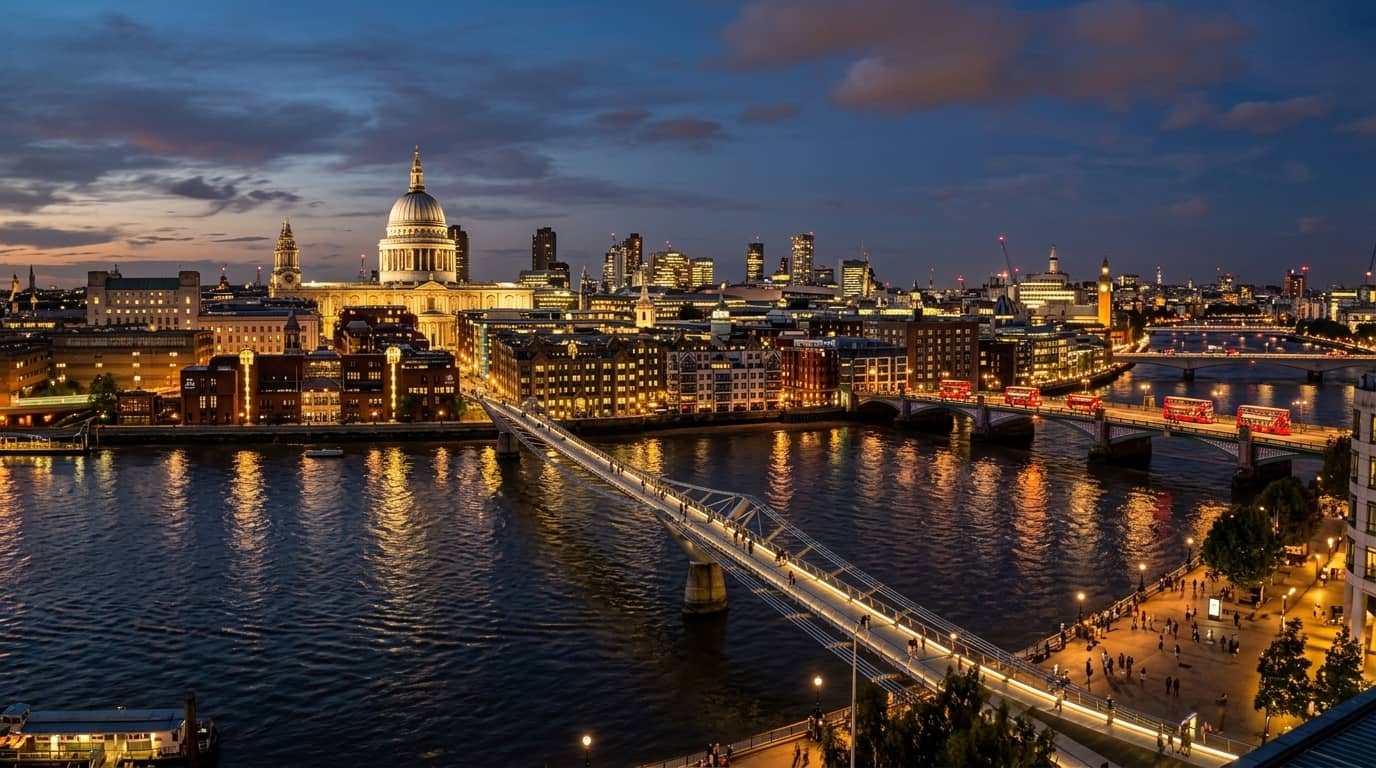 A Thames river cruise boat passing Tower Bridge at sunset, London