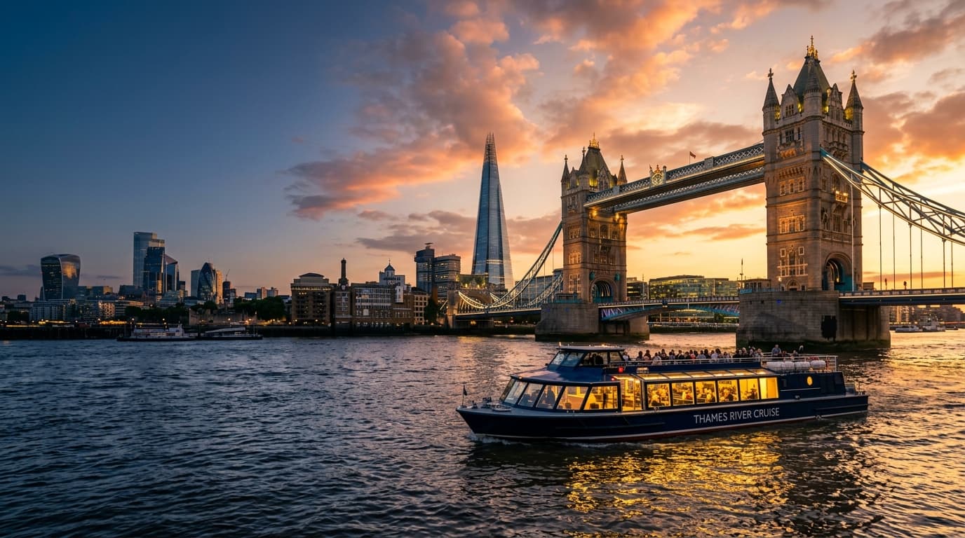 Thames river cruise boat passing Tower Bridge at sunset, London
