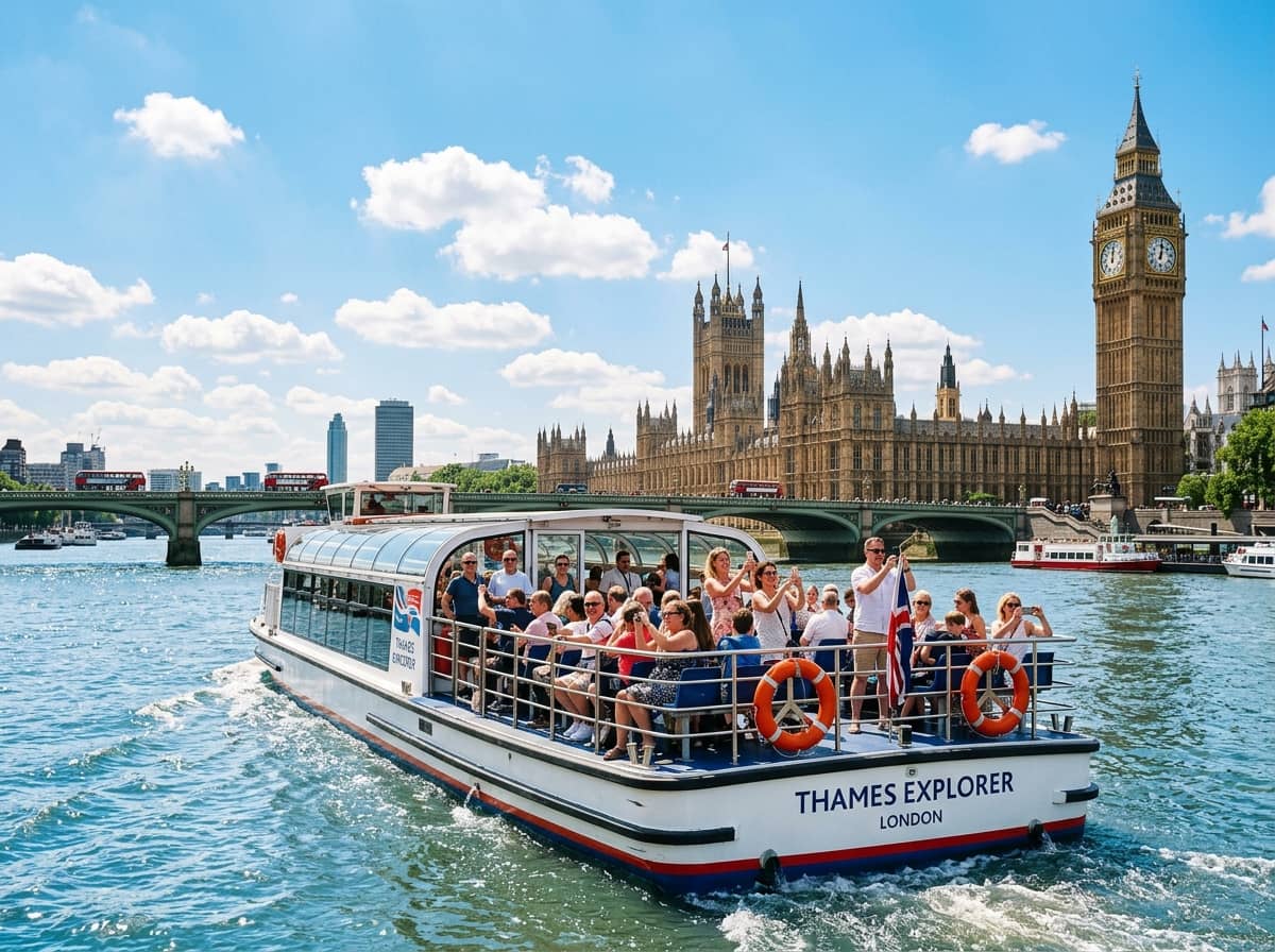 A Thames sightseeing boat passing the Houses of Parliament and Big Ben, London