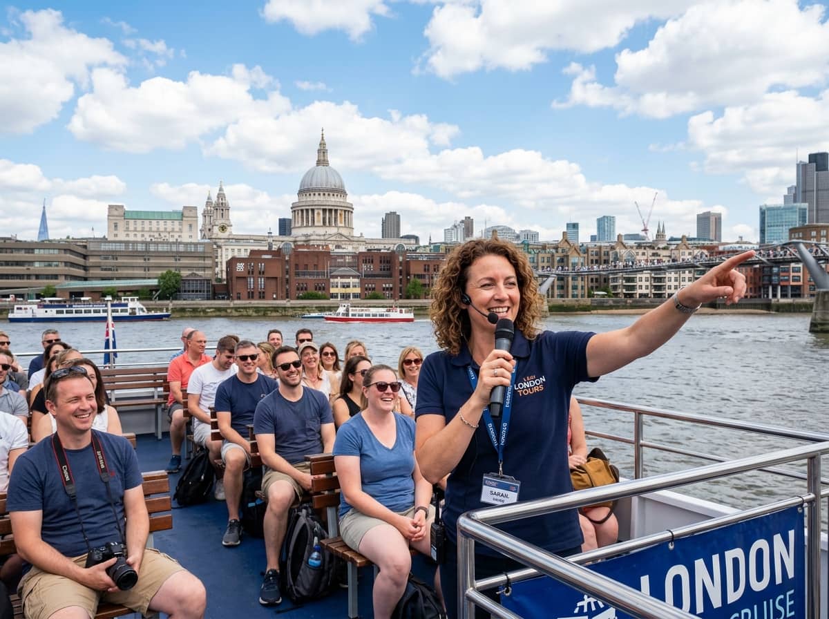 A guide pointing out landmarks to passengers aboard a Thames river cruise boat