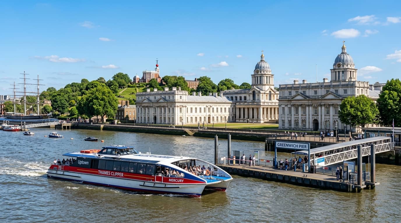 A river cruise boat approaching Greenwich Pier on the Thames, London