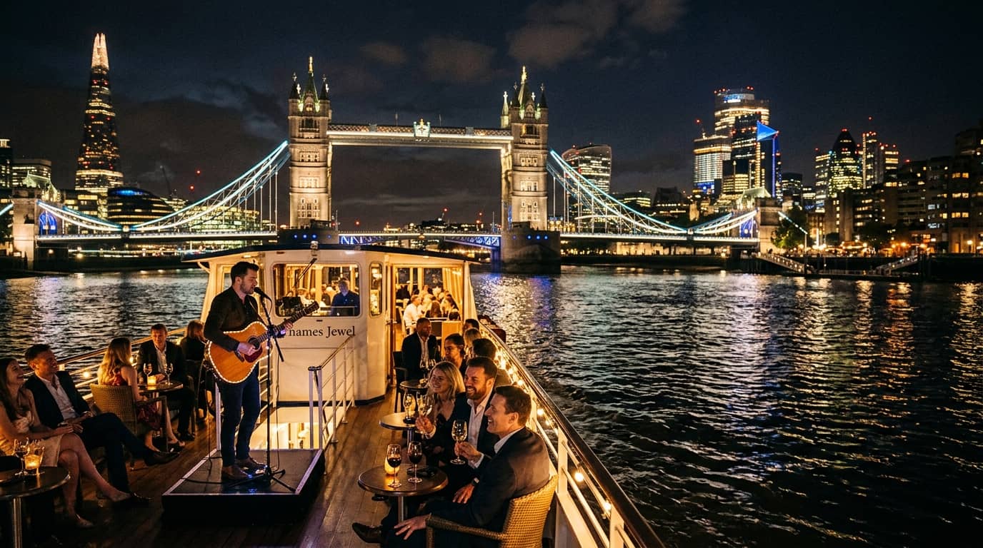 Tower Bridge illuminated at night, viewed from a Thames evening cruise boat