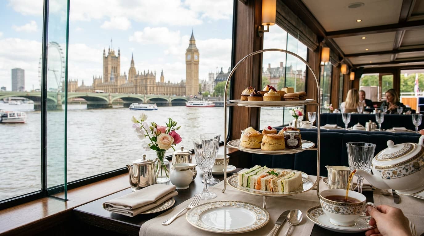 A traditional afternoon tea spread served aboard a Thames river cruise boat
