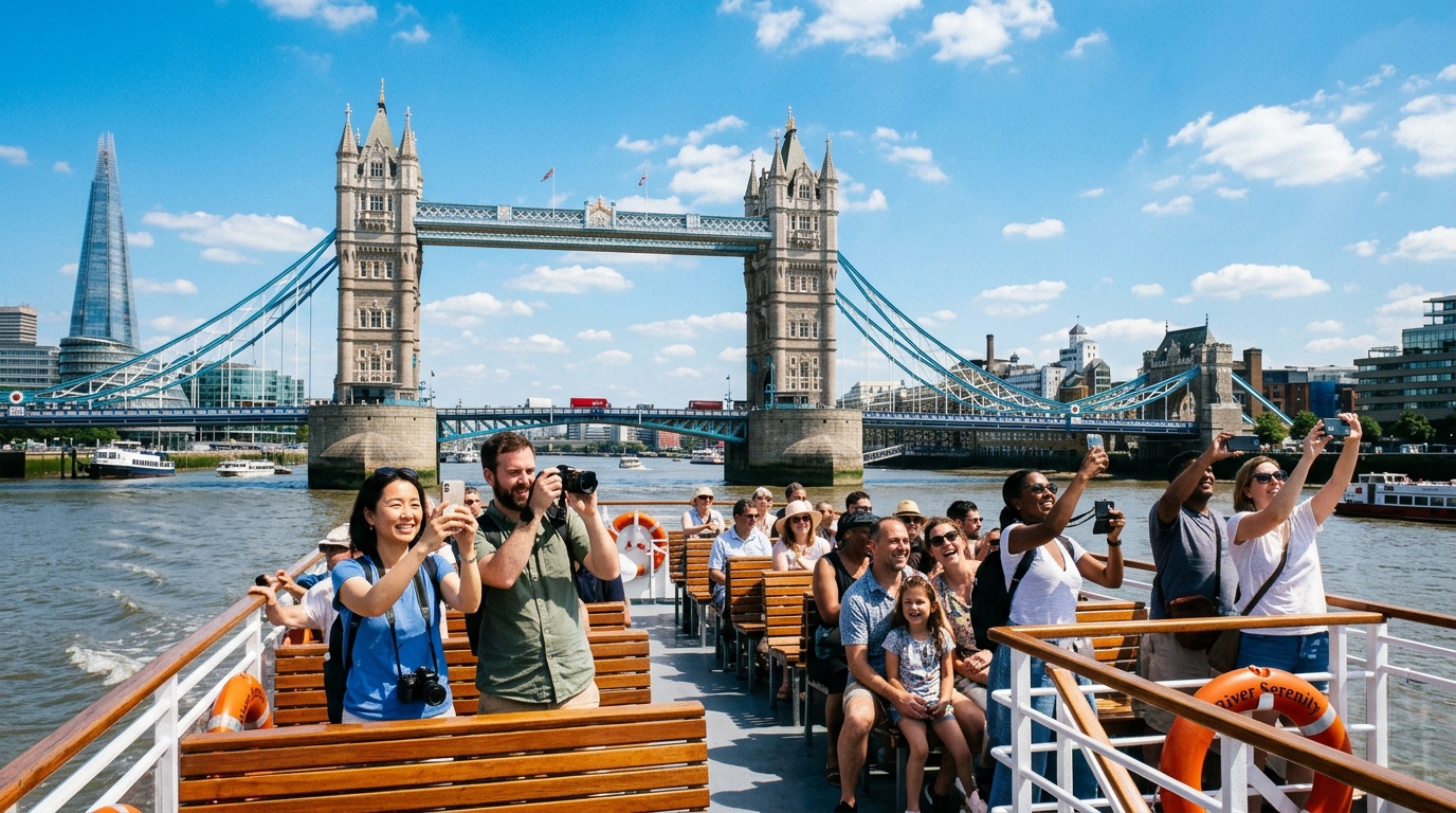 Passengers on the open-air deck of a Thames river cruise boat